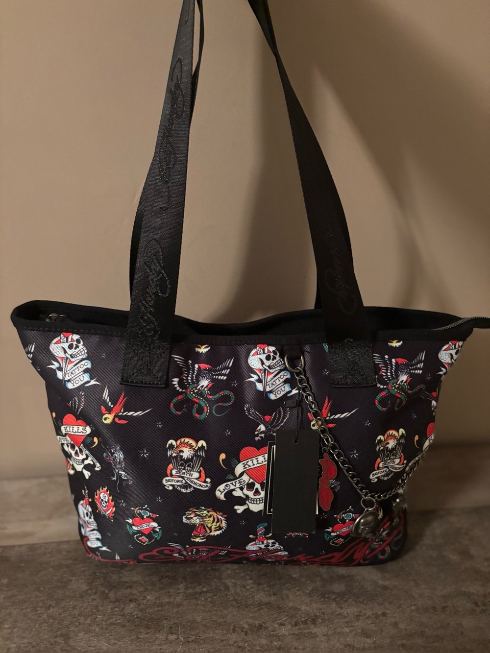 ED HARDY Black Tattoo-Print Canvas Tote Bag WITH CHAIN DETAIL NWT